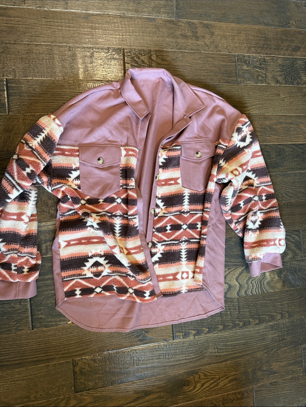 Women's Pink Patterned Button-Down Shirt Jacket